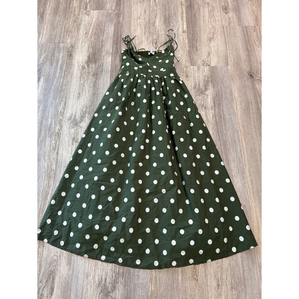 En Saison Olive Green Polka Dot Cotton Maxi Dress Smocked Back Small